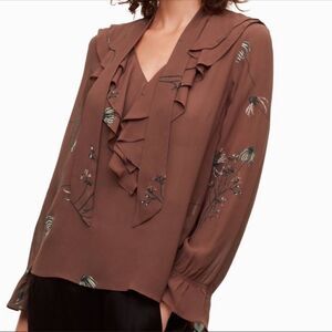 Aritzia Little Moon Brown Gazania Floral Floral Blouse Sz Medium